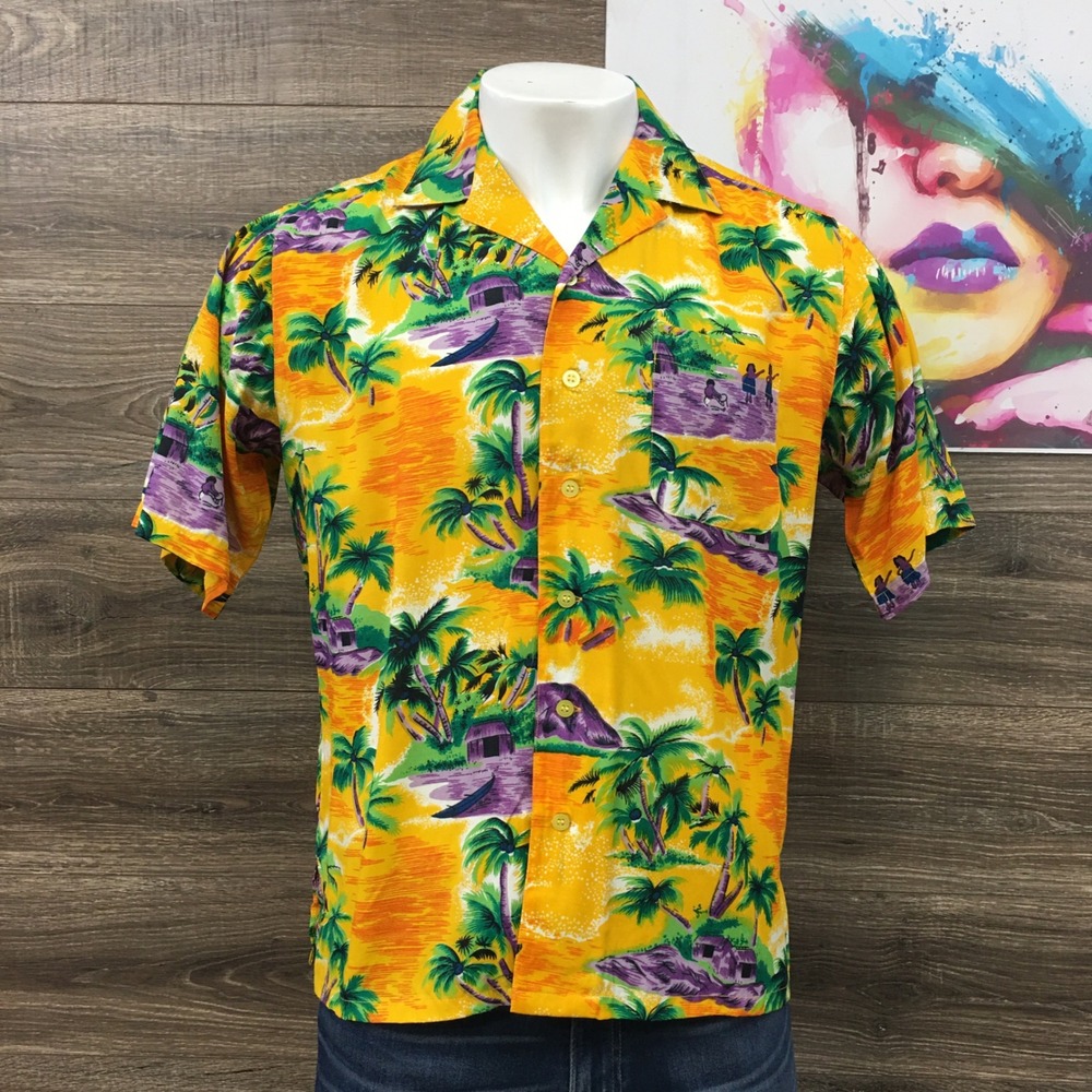 Vintage Network Hawaiian Shirt Tropical Palm Rayon Button Up‎ Short Sleeve L